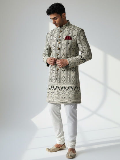 Black & Ivory Embroidered Achkan for Men – Regal Wedding Ensemble