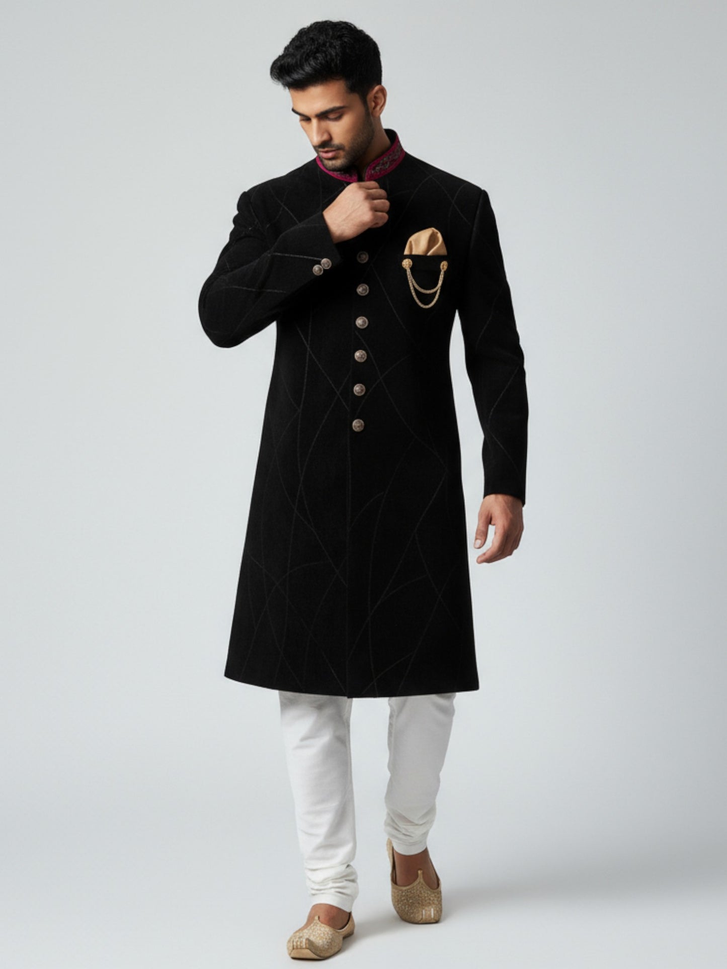 Black Velvet Achkan for Men | Gold Chain Pocket & Embroidered Collar