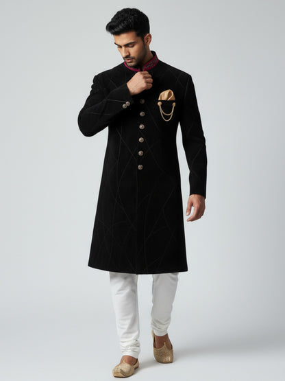 Black Velvet Achkan for Men | Gold Chain Pocket & Embroidered Collar