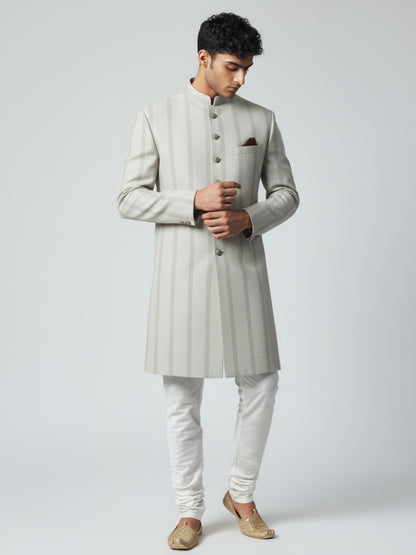 Silver Striped Achkan for Men – Elegant Wedding & Festive Wear
