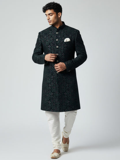 Black Teal Brocade Achkan for Men | Regal Wedding & Festive Wear