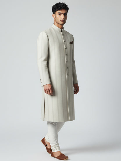 Silver Striped Achkan for Men – Elegant Wedding & Festive Wear