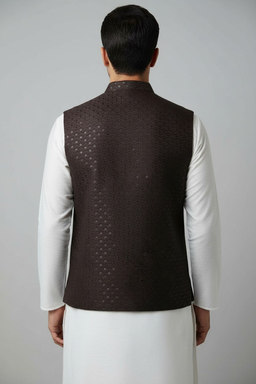 Men’s Chocolate Brown Sequin-Embellished Nehru Jacket – Elegant Festive Wear