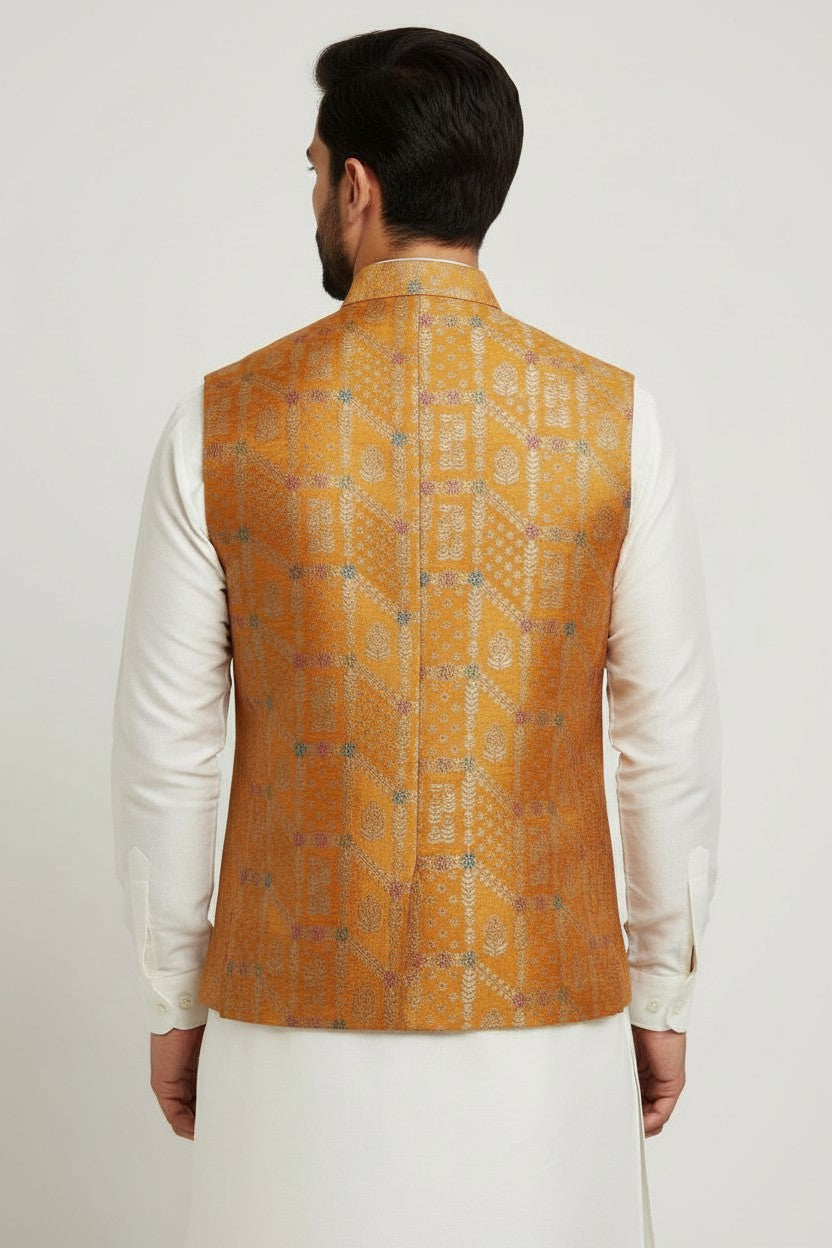 Men’s Mustard Gold Woven Nehru Jacket – Festive Ethnic Waistcoat