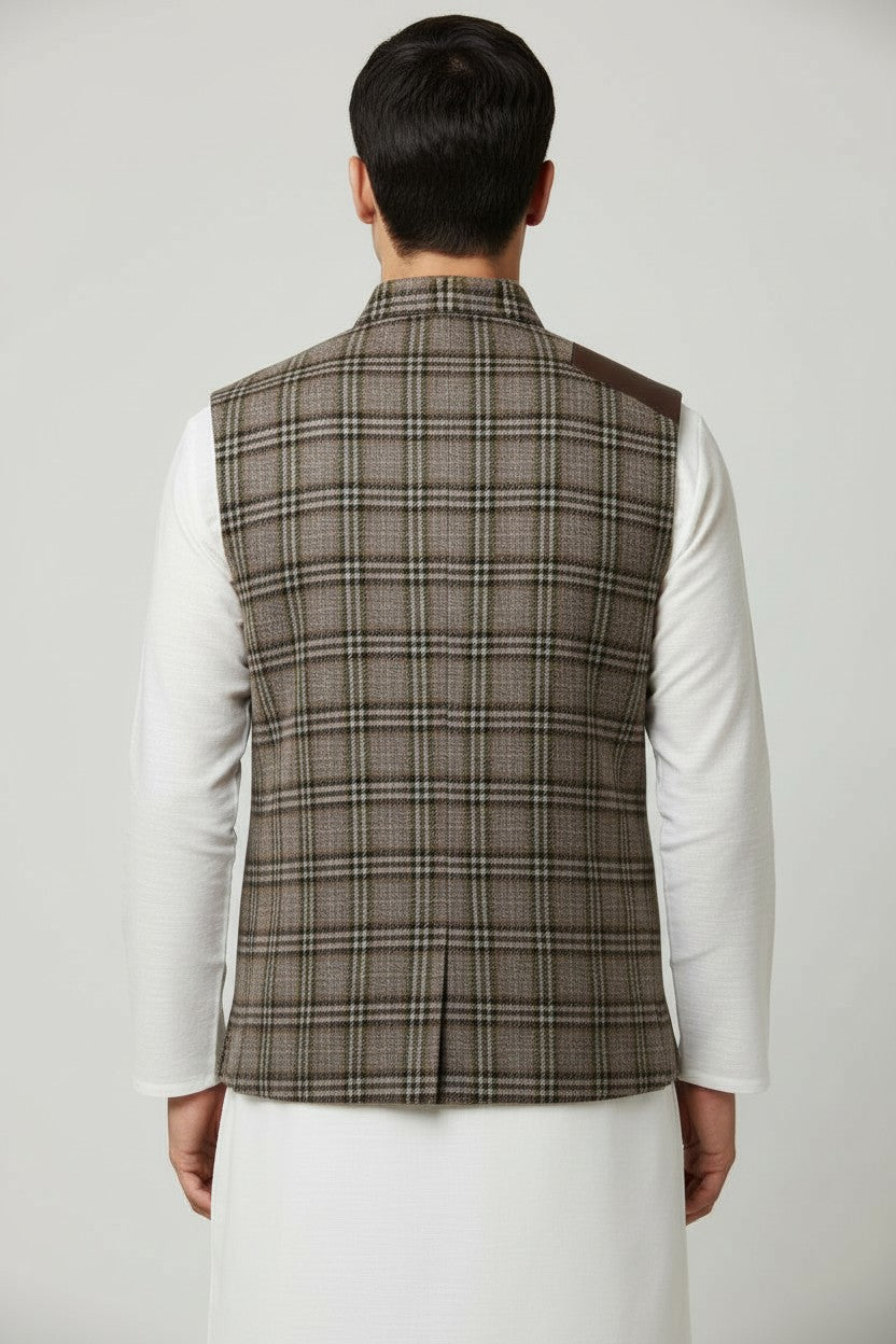 Men’s Brown Checkered Tweed Nehru Jacket – Vintage Plaid Winter Layer