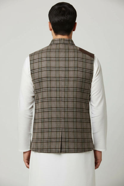 Men’s Brown Checkered Tweed Nehru Jacket – Vintage Plaid Winter Layer