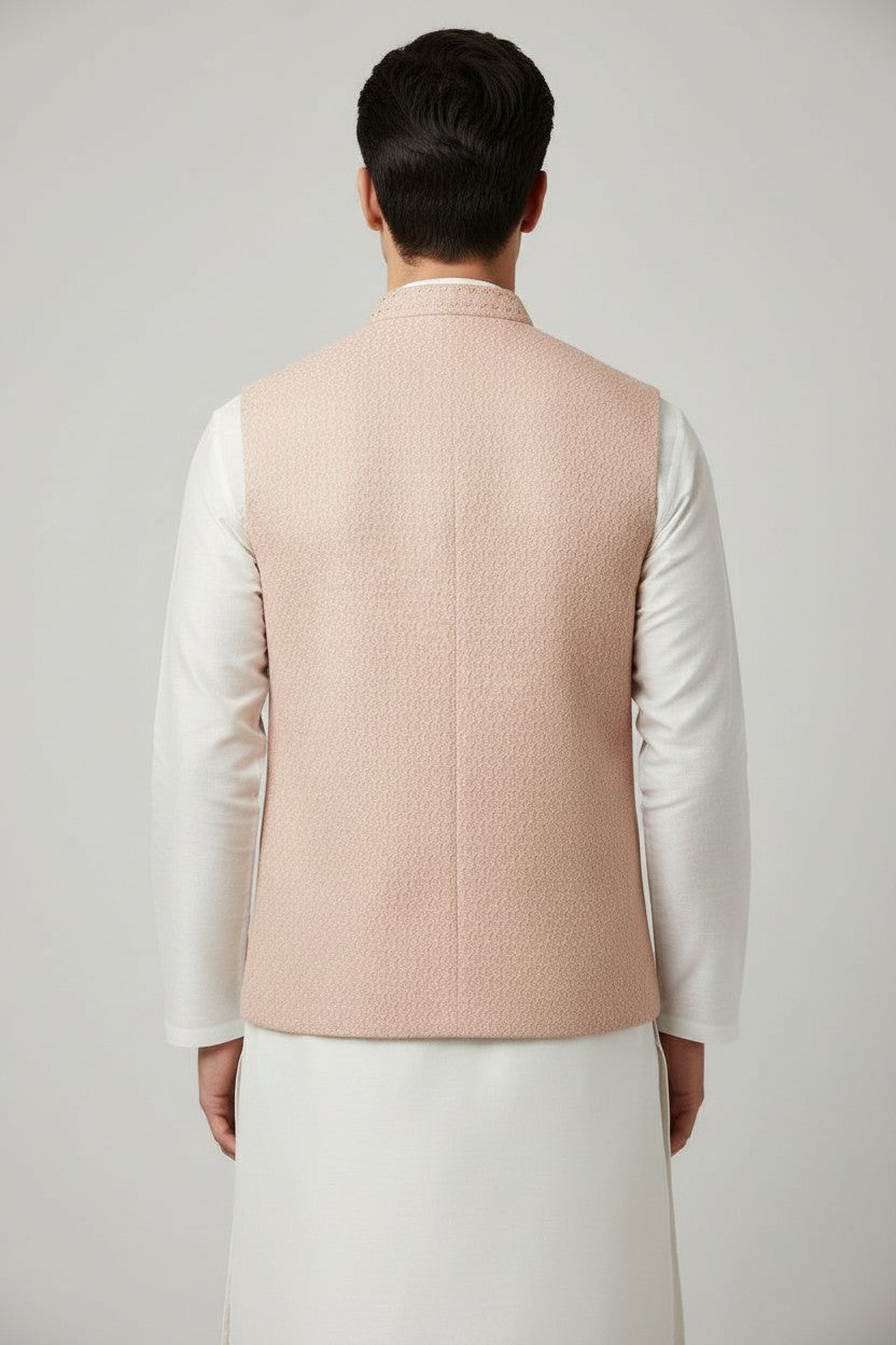 Men’s Pastel Peach Textured Nehru Jacket – Elegant Festive & Wedding Wear