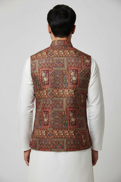 Men’s Maroon Multicolor Tapestry Printed Nehru Jacket – Designer Festive Wear