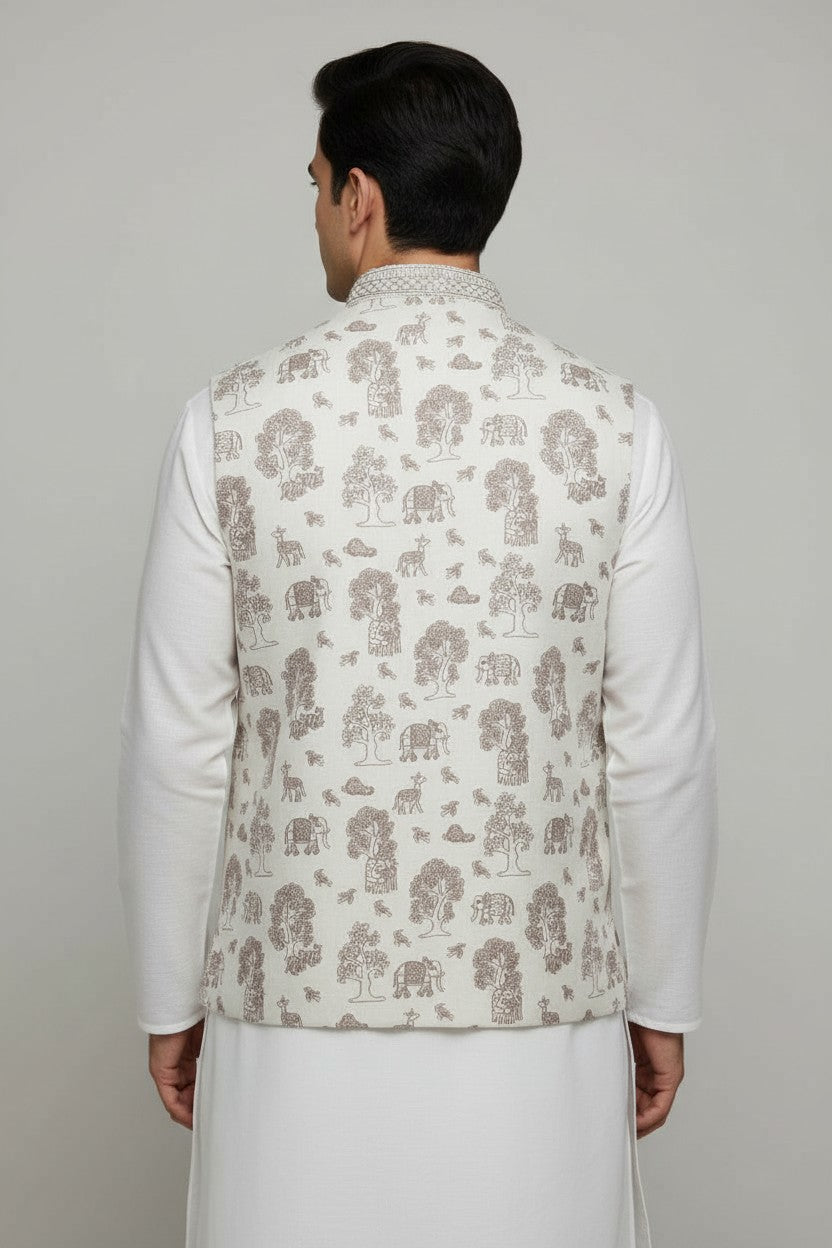 Men’s Cream Wildlife Print Nehru Jacket – Elephant & Forest Motif Waistcoat