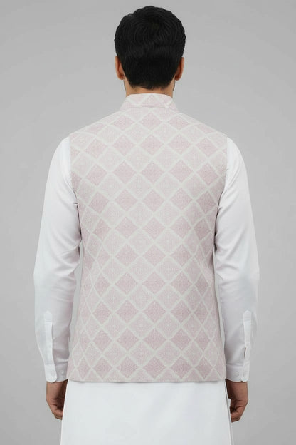 Men’s Pastel Pink Geometric Printed Nehru Jacket – Wedding & Festive Wear