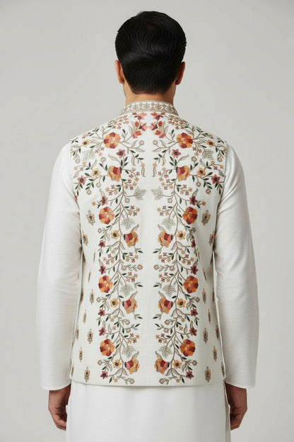 Men’s Ivory Multicolor Floral Embroidered Nehru Jacket – Festive & Wedding Wear