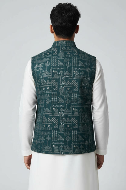 Men’s Deep Teal Heritage Print Nehru Jacket – Designer Festive & Wedding Wear
