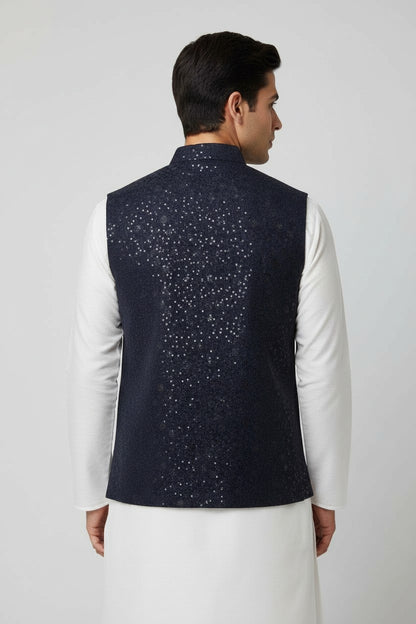 Men’s Midnight Navy Sequin-Embellished Nehru Jacket – Festive Jacquard Waistcoat