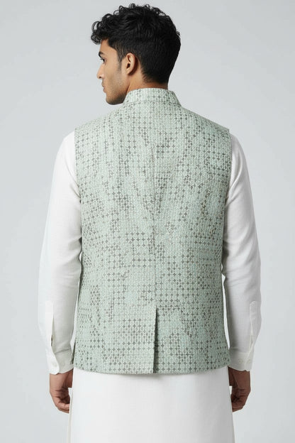 Men’s Mint Green Textured Pattern Nehru Jacket – Elegant Festive Wear