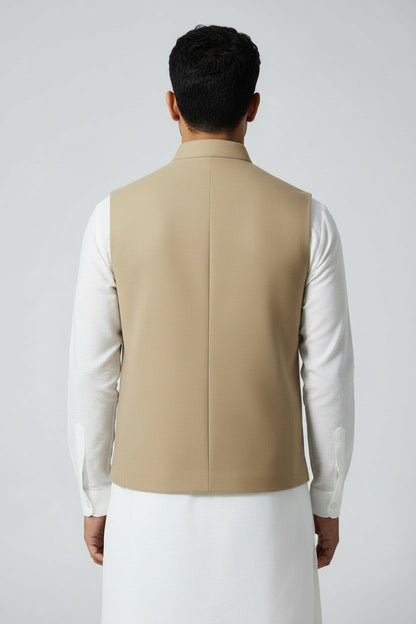Men’s Beige Safari Pocket Nehru Jacket – Contemporary Indo-Western Layer