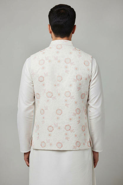 Men’s Ivory Pink Floral Embroidered Nehru Jacket – Soft Pastel Waistcoat