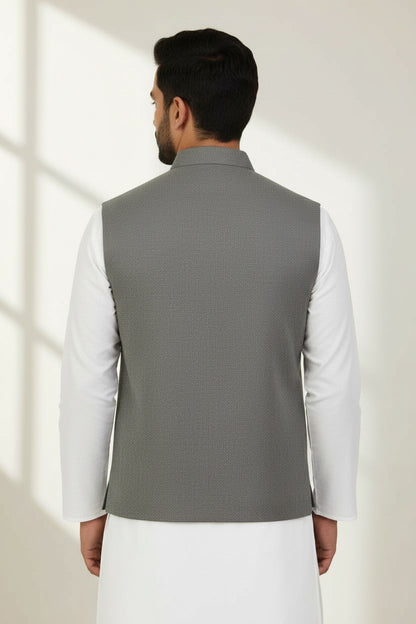 Men’s Charcoal Grey Textured Nehru Jacket – Classic Formal & Ethnic Wear