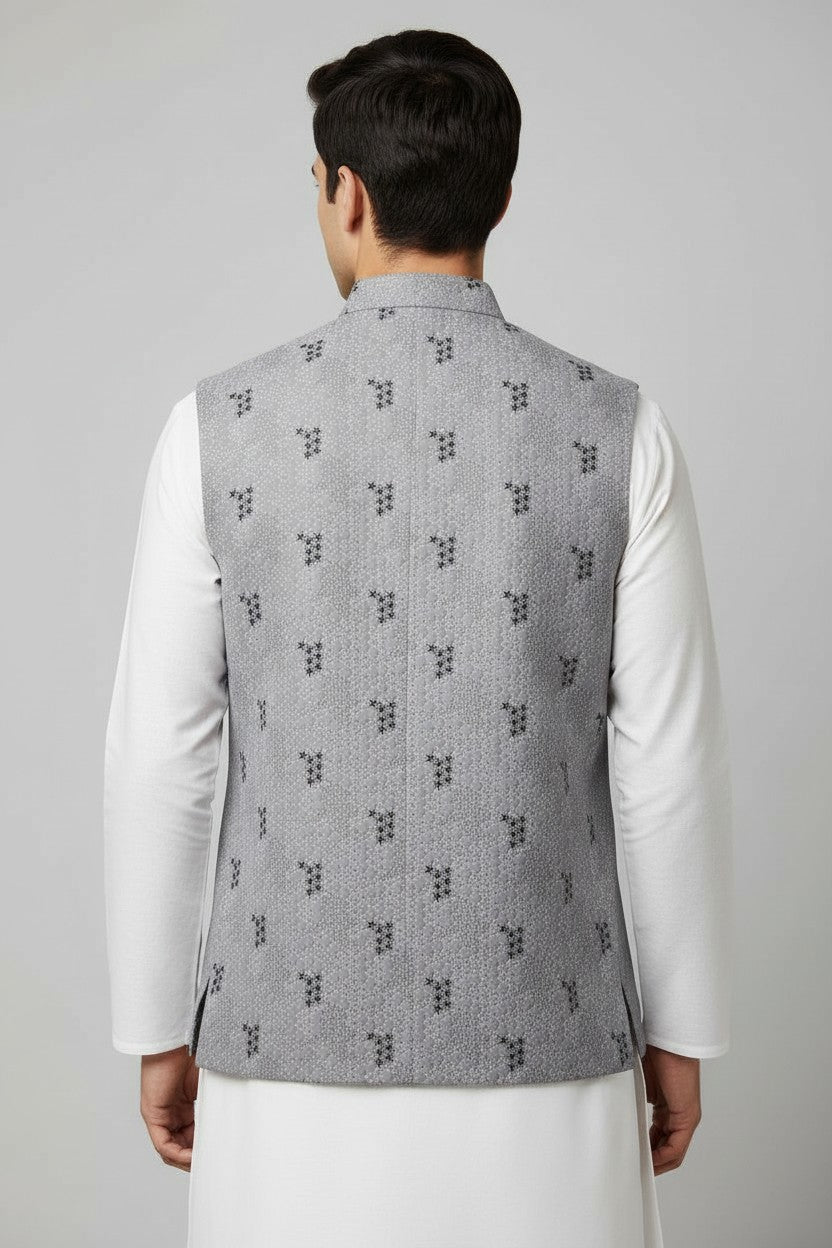 Men’s Light Lavender Textured Embroidered Nehru Jacket – Elegant Festive Wear