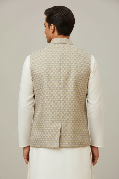 Men’s Beige Textured Jacquard Nehru Jacket – Elegant Festive & Wedding Wear