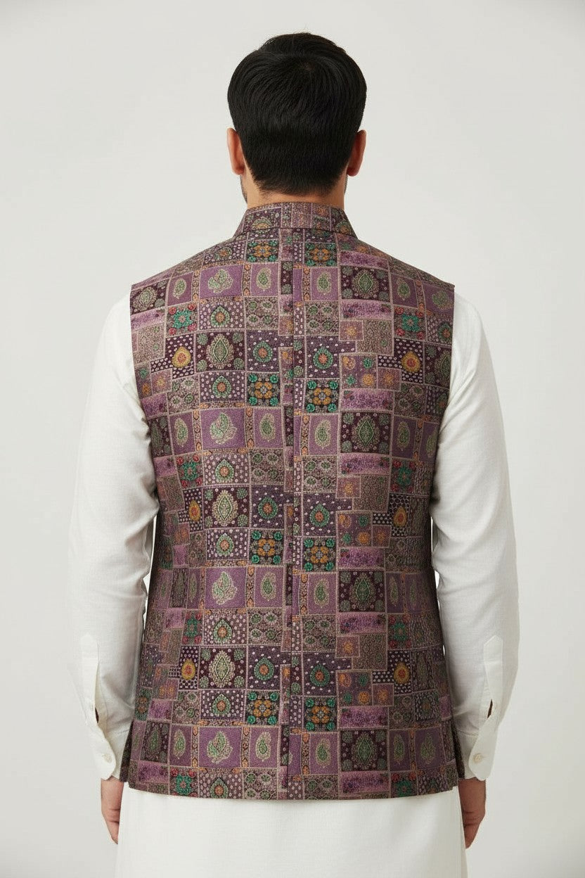 Men’s Multicolor Mosaic Printed Nehru Jacket – Designer Festive & Wedding Wear