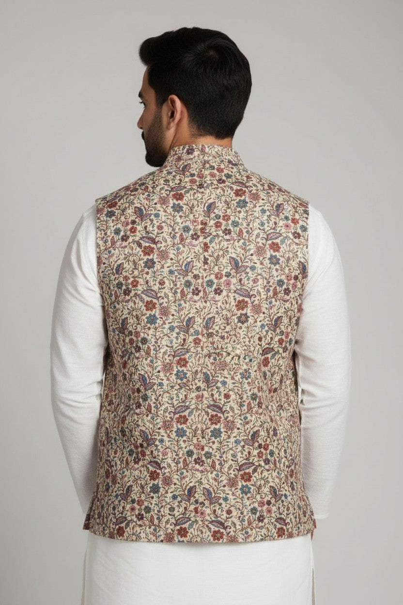 Men’s Cream Multicolour Floral Nehru Jacket – Elegant Festive Waistcoat