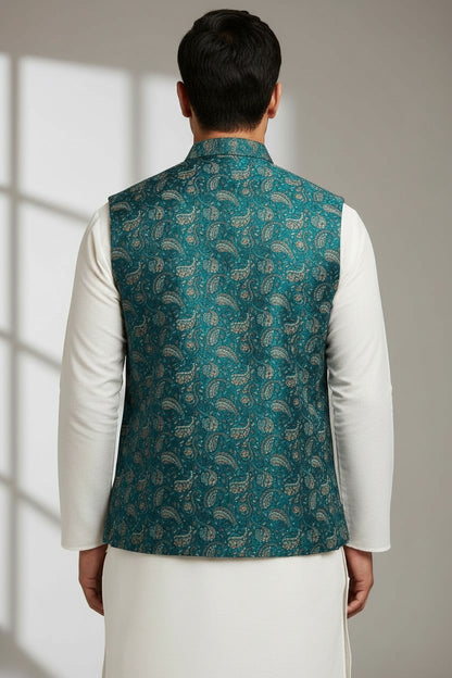 Men’s Teal Paisley Brocade Nehru Jacket – Gold Accented Festive Waistcoat