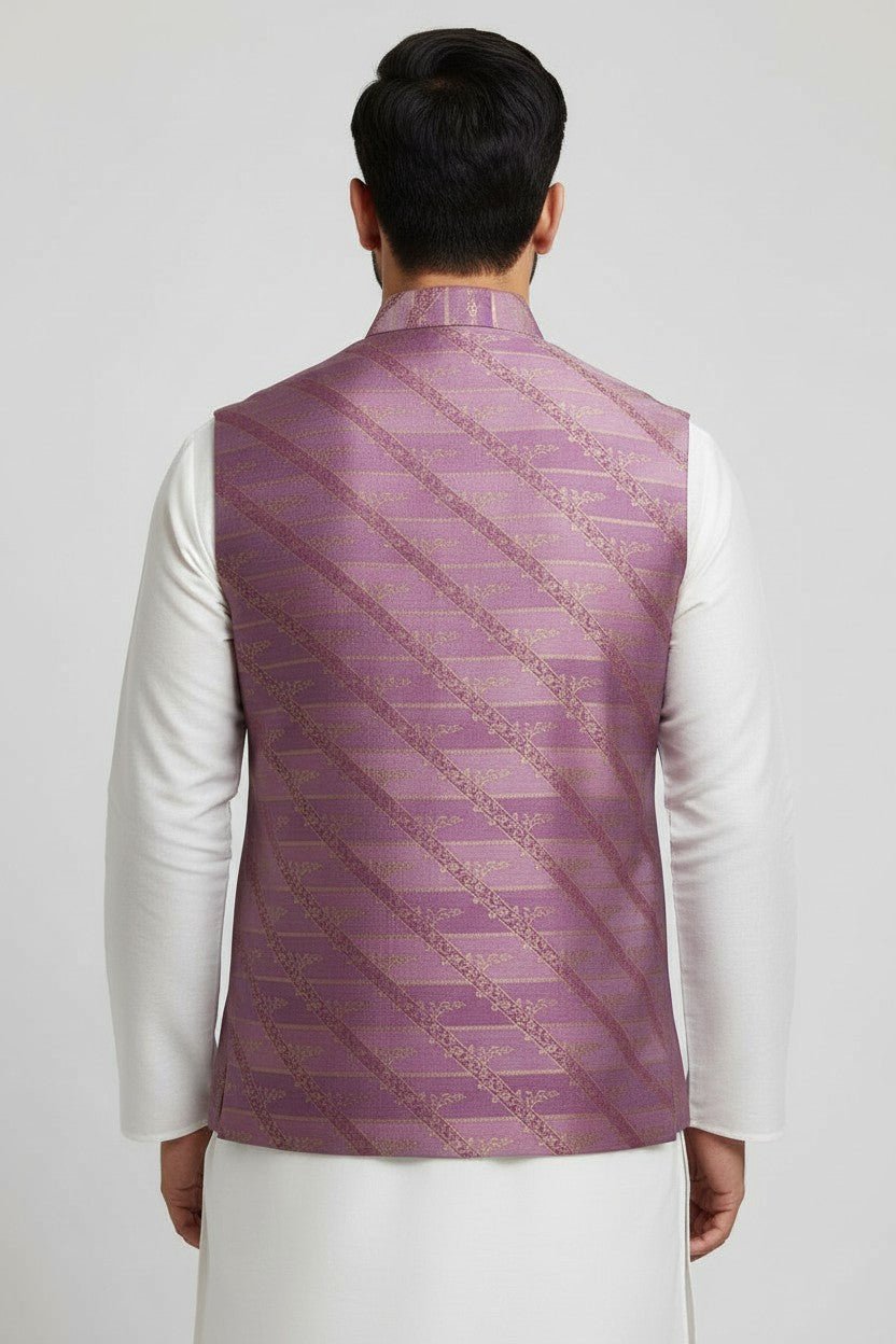 Men’s Mauve Gold Diagonal Brocade Nehru Jacket – Luxe Festive & Wedding Wear