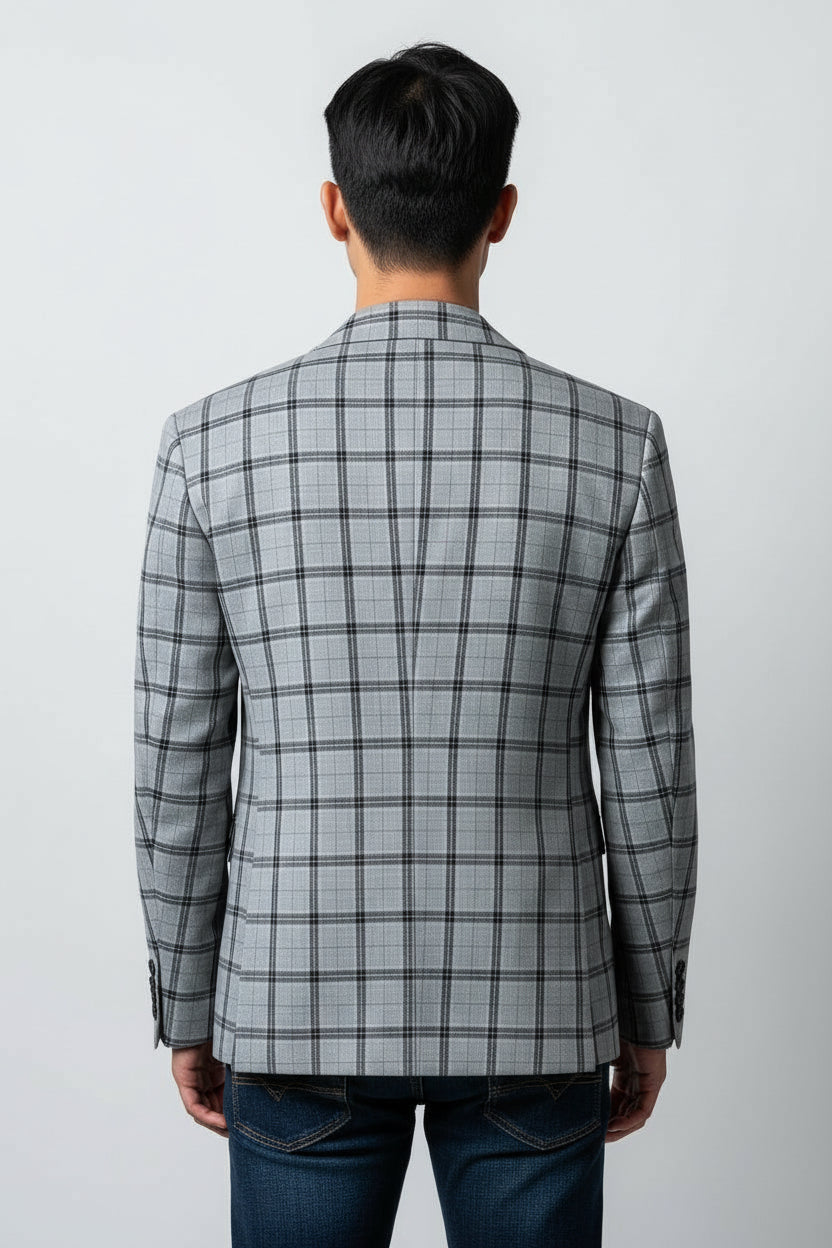 Men’s Light Grey Plaid Check Blazer – Modern Tailored Smart Casual