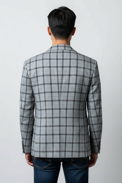 Men’s Light Grey Plaid Check Blazer – Modern Tailored Smart Casual