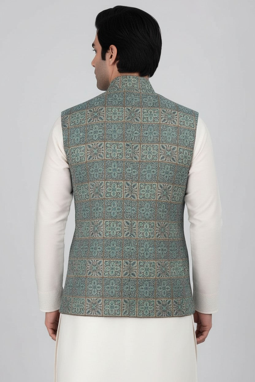 Men’s Teal Mosaic Embroidered Nehru Jacket – Designer Festive & Wedding Wear