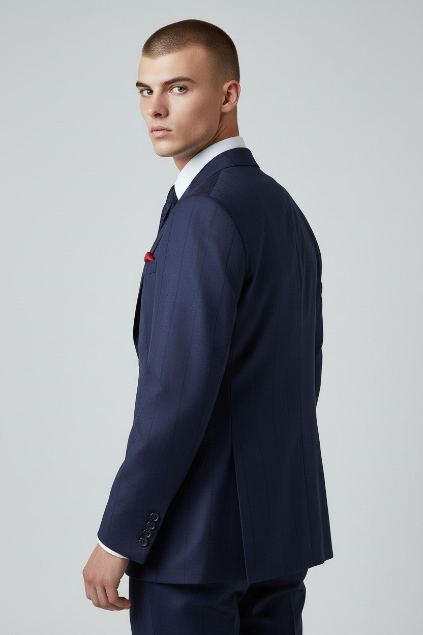 Men’s Royal Blue Stripe 3-Piece Suit – Tailored Fit with Matching Vest