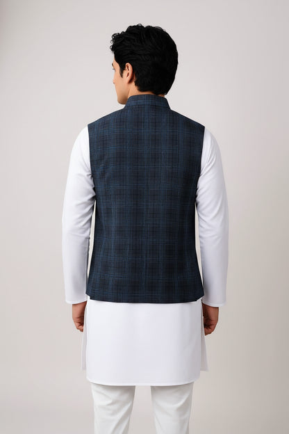 Men’s Navy Checkered Textured Nehru Jacket – Modern Festive & Casual Wear