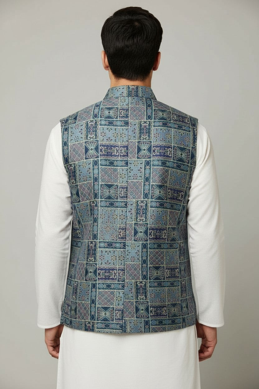 Men’s Blue & Purple Mosaic Nehru Jacket – Artisanal Festive Waistcoat