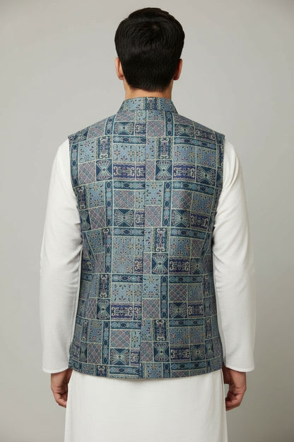 Men’s Blue & Purple Mosaic Nehru Jacket – Artisanal Festive Waistcoat
