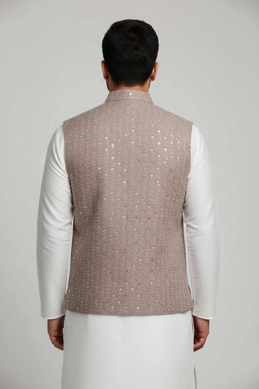 Men’s Dusty Rose Mirror-Embroidered Nehru Jacket – Luxe Wedding Wear