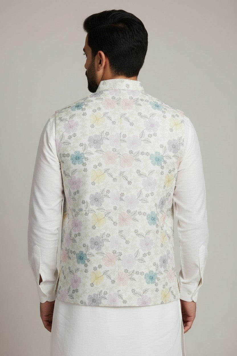 Men’s Pastel Floral Printed Nehru Jacket - Elegant Daytime Festive Wear