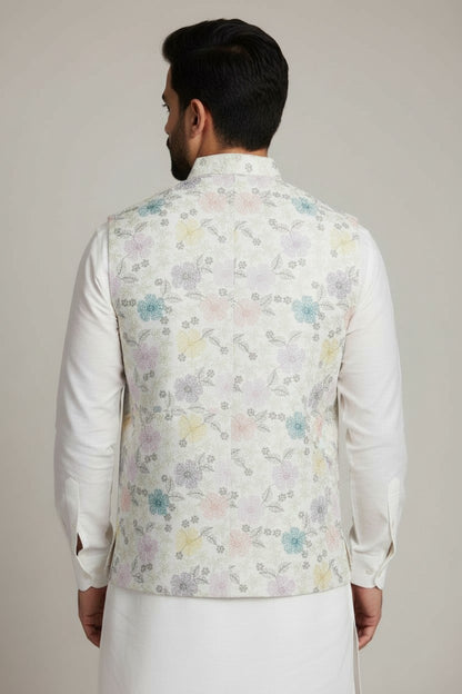 Men’s Pastel Floral Printed Nehru Jacket - Elegant Daytime Festive Wear