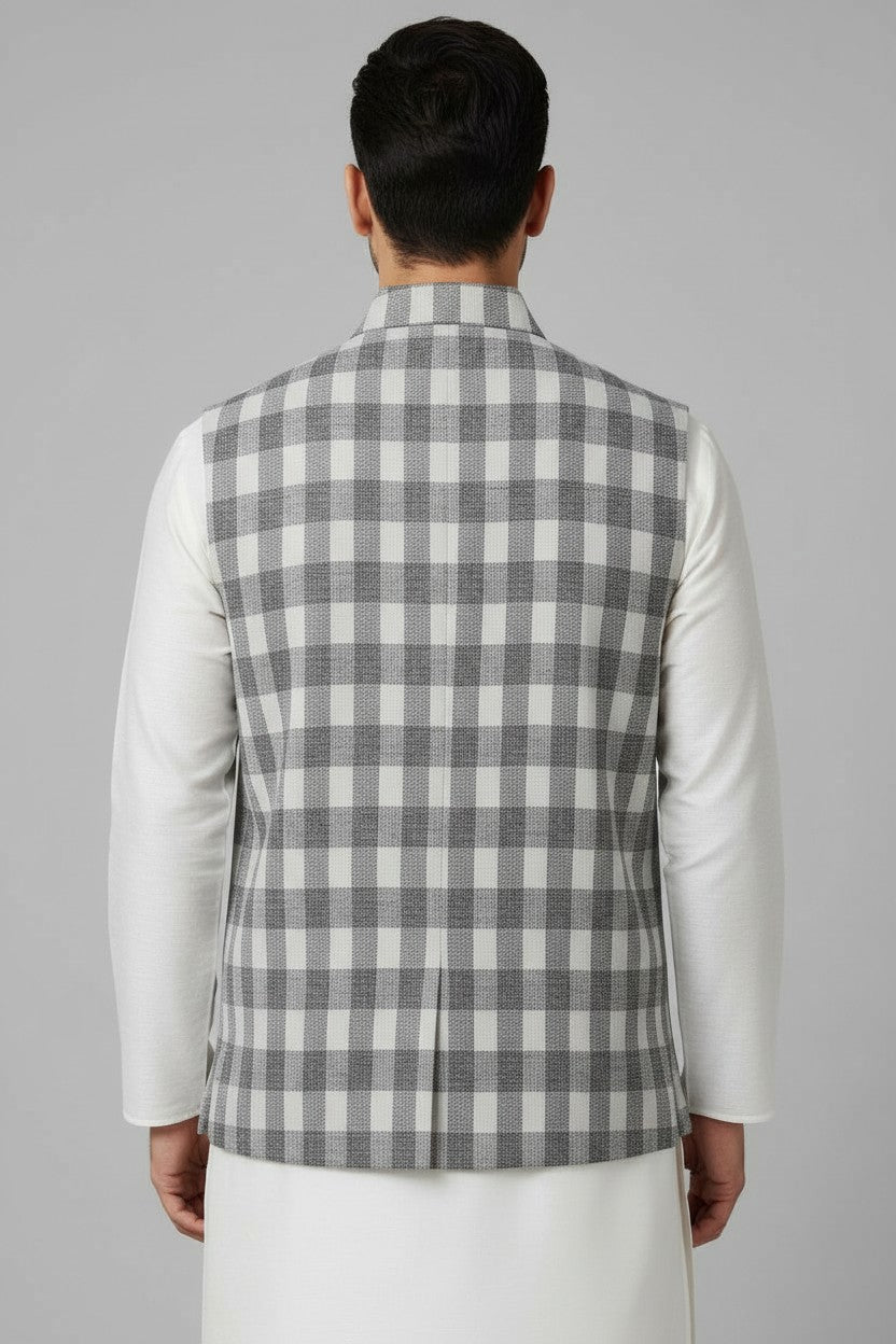 Men’s Grey Checkered Nehru Jacket – Classic Plaid Formal & Festive Wear