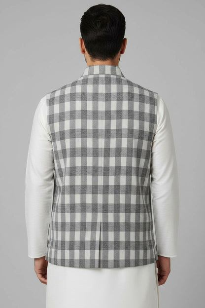Men’s Grey Checkered Nehru Jacket – Classic Plaid Formal & Festive Wear