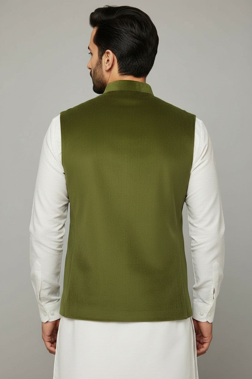 Men’s Olive Green Classic Nehru Jacket – Premium Festive & Wedding Wear