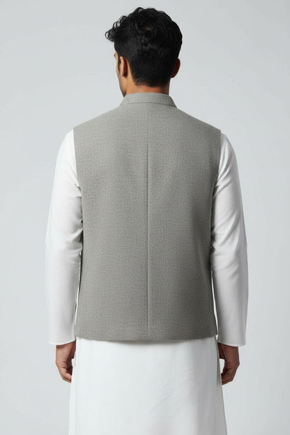 Men’s Light Grey Textured Nehru Jacket – Minimal Classic Ethnic Layer