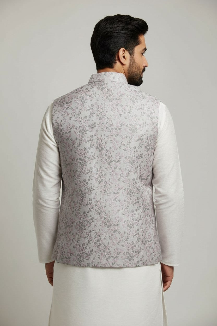 Men’s Pastel Floral Printed Nehru Jacket – Soft Pink & Grey Festive Wear