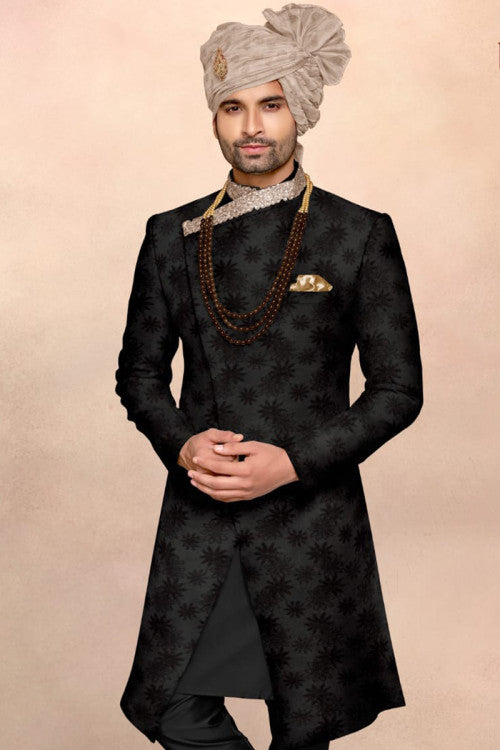 Black Art Silk Asymmetric Men Sherwani