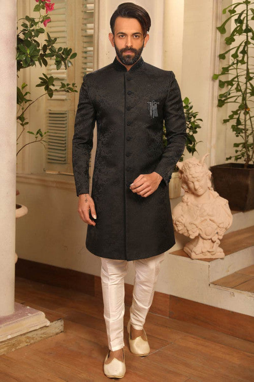 Black Color Designer Sherwani with Aligadhi Pant