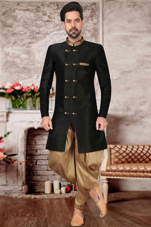 Black Dupion Silk Indo-Western Men's Sherwani for Eid