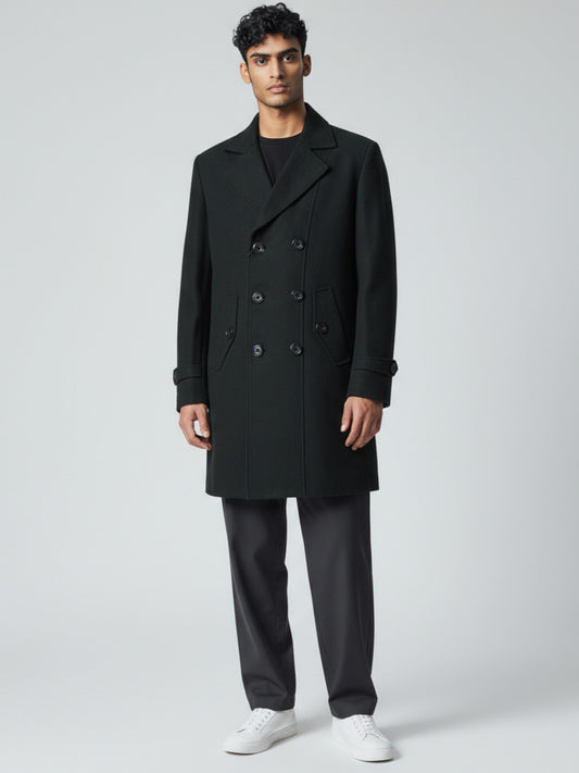 Men’s Black Double-Breasted Wool Overcoat – Classic Winter Peacoat for Timeless Elegance