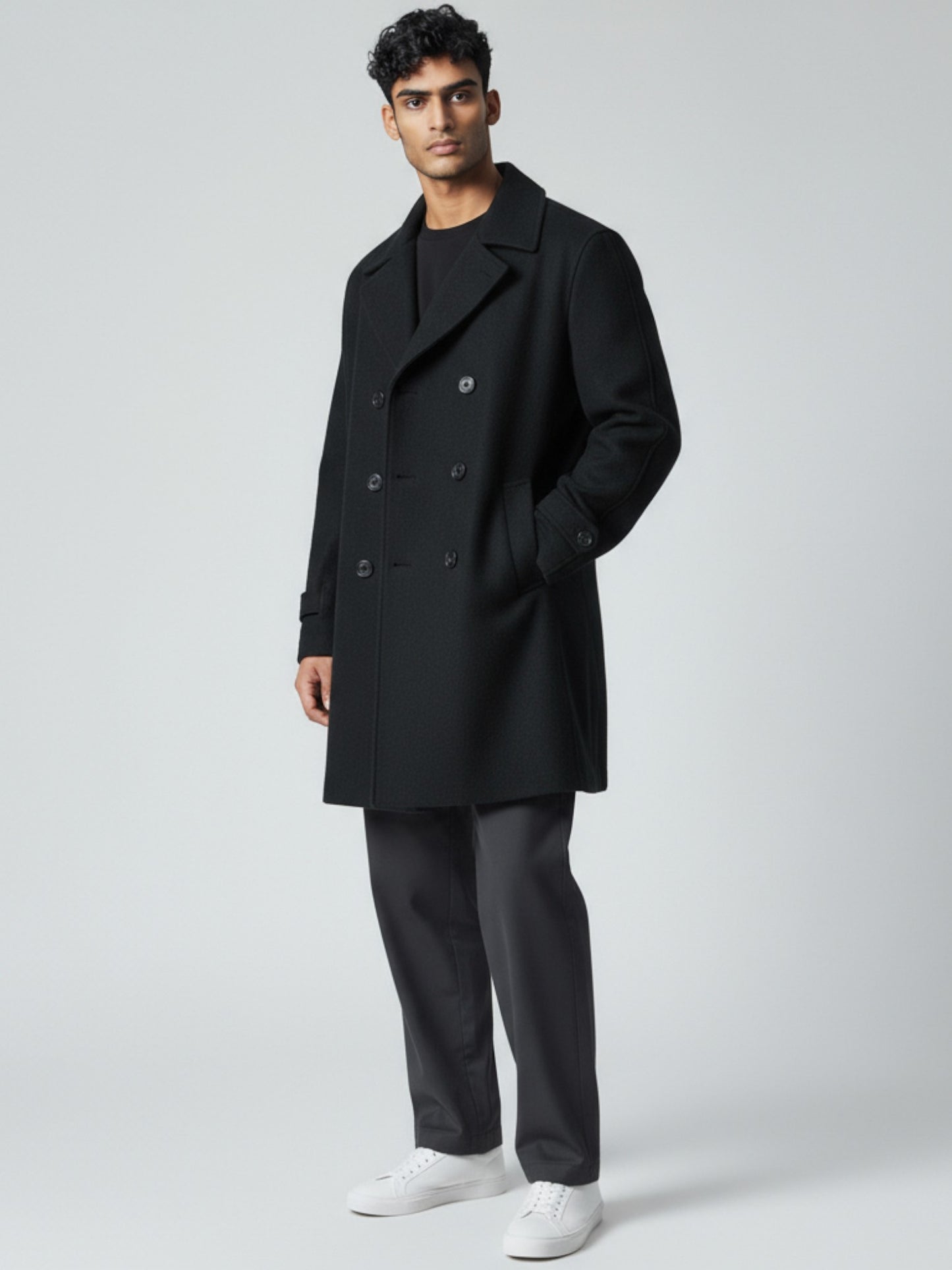 Men’s Black Double-Breasted Wool Overcoat – Classic Winter Peacoat for Timeless Elegance