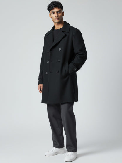 Men’s Black Double-Breasted Wool Overcoat – Classic Winter Peacoat for Timeless Elegance