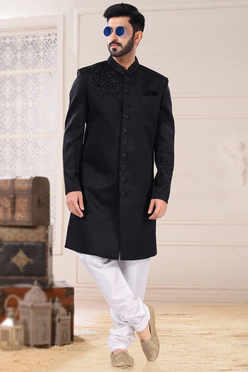 Black Silk Traditional Men Sherwani with Dabka Work