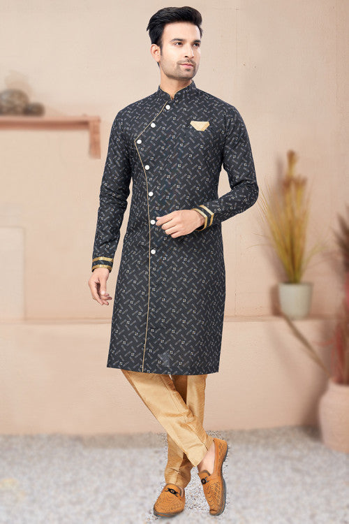 Charcoal Grey Cotton Printed Indo-Western Men's Sherwani